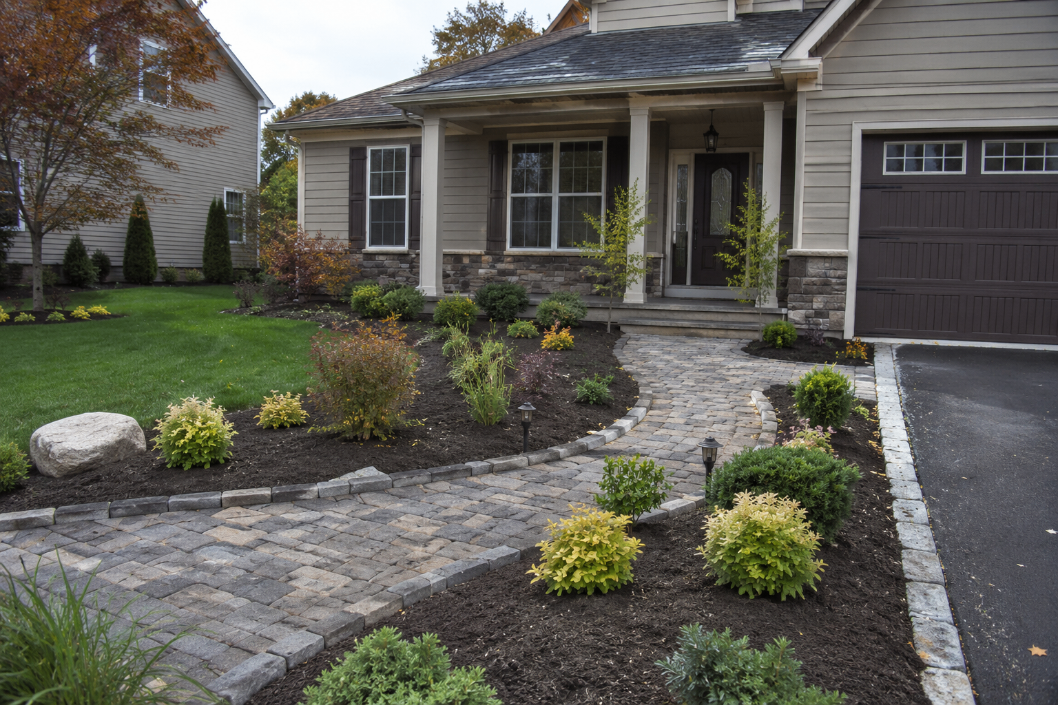 Custom paver walkway with manicured front-yard landscaping by NorthStone Landscaping